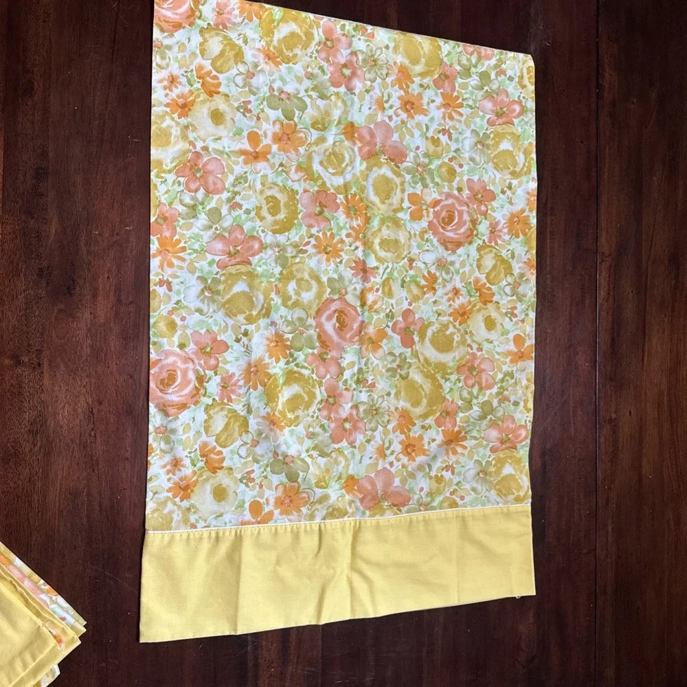 Vintage 60s 70s STANDARD Pillowcases Utica Stevens Yellow Peach Floral Set of 2